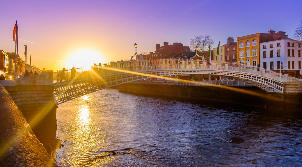 Ha'penny bridge over the river Liffey at sunset, Dublin, Ireland.